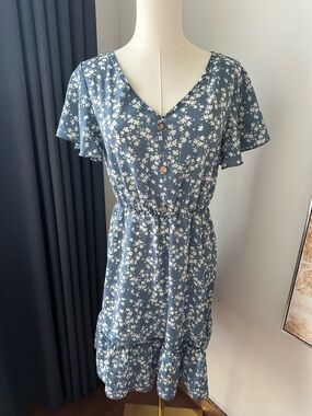 Shein Blue Floral Button-Front V-Neck Women’s Dress Femenine Size Small